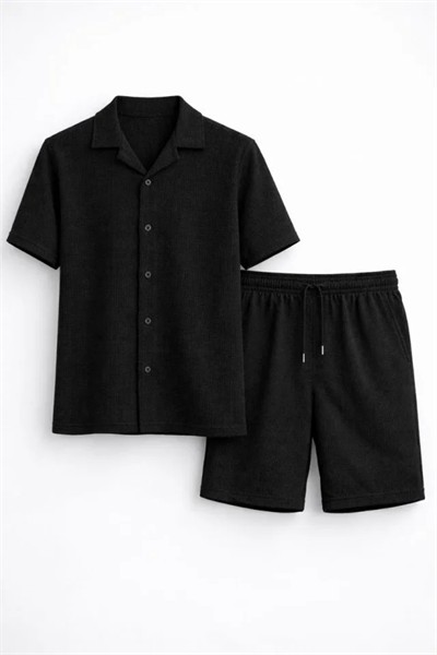 Erkek Waffle Kumaş Kısa Kollu Gömlek Şort Takım Regular Fit Yazlık İkili Set - Siyah