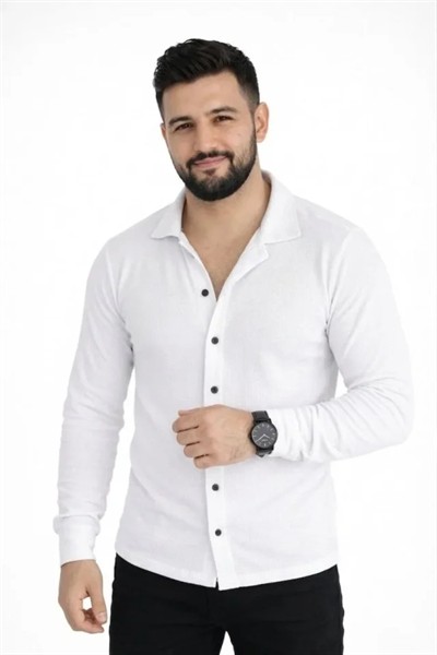 Erkek Waffle Kumaş Uzun Kollu Düğmeli Açık Yaka Regular Fit Gömlek - Beyaz