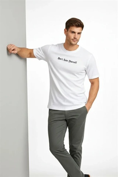 Erkek Wafıl Kumaş Tişört Regular Kalıp Bisiklet Yaka Baskılı Günlük Basic T-Shirt - Beyaz