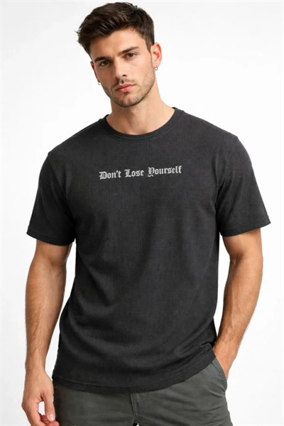 Erkek Wafıl Kumaş Tişört Regular Kalıp Bisiklet Yaka Baskılı Günlük Basic T-Shirt - Siyah