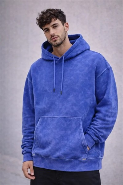 Erkek Yağ Yıkamalı Kapşonlu Double Oversize Üç İplik Pamuklu Sweatshirt - Mavi