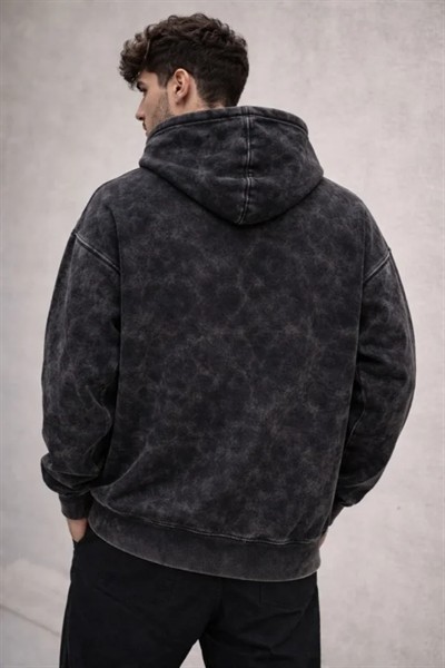 Erkek Yağ Yıkamalı Kapşonlu Double Oversize Üç İplik Pamuklu Sweatshirt - Siyah