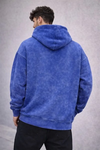 Erkek Yağ Yıkamalı Kapşonlu Double Oversize Üç İplik Pamuklu Sweatshirt - Mavi