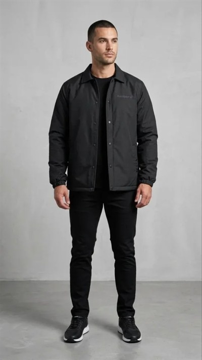 Erkek Yağmur İtici İç Astarlı Çıtçıtlı İç Cepli Dış Cepli Mevsimlik Mont - Siyah