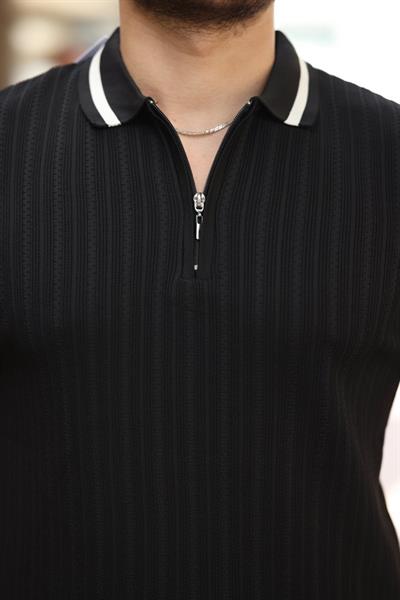 Erkek Yaka Ve Kolları çizgi Detaylı Fermuarlı Kısa Kollu T-shirt