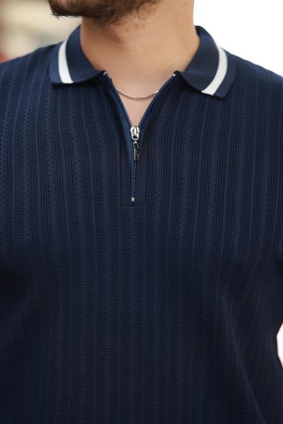 Erkek Yaka Ve Kolları çizgi Detaylı Fermuarlı Kısa Kollu T-shirt