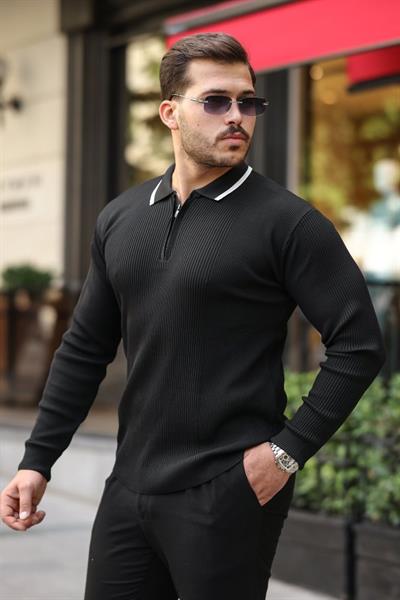 Erkek Yakaları çizgi Detaylı Selanik örme Triko