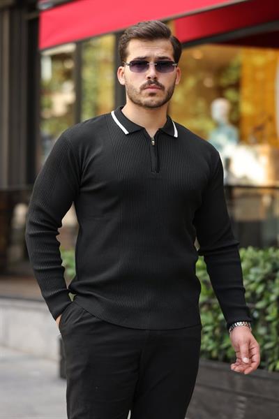 Erkek Yakaları çizgi Detaylı Selanik örme Triko