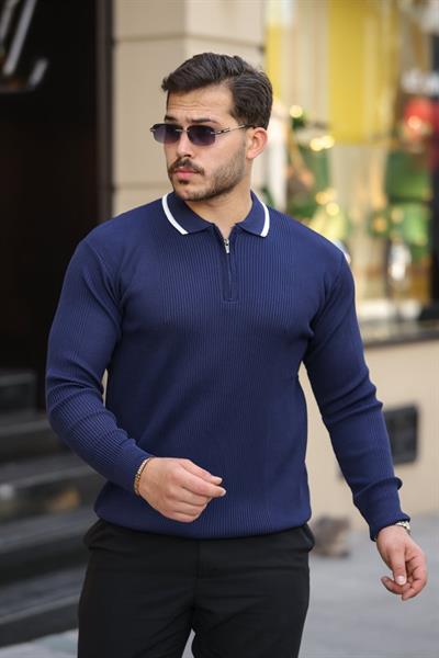 Erkek Yakaları çizgi Detaylı Selanik örme Triko