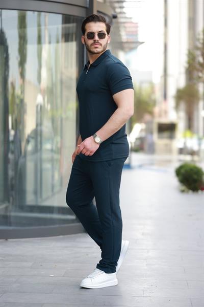 Erkek Yakalı Fermuarlı T-shirt Pantolon Ikili Rahat Takım