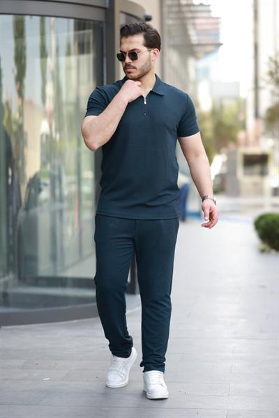 Erkek Yakalı Fermuarlı T-shirt Pantolon Ikili Rahat Takım