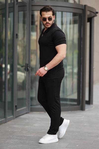 Erkek Yakalı Fermuarlı T-shirt Pantolon Ikili Rahat Takım