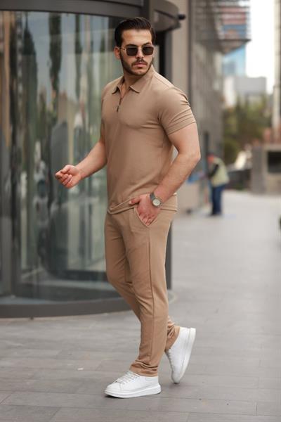 Erkek Yakalı Fermuarlı T-shirt Pantolon Ikili Rahat Takım