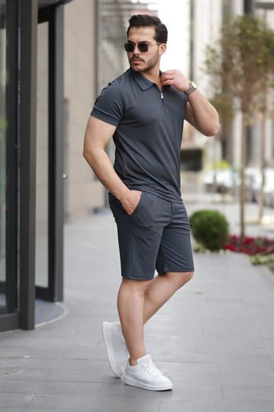 Erkek Yakalı Fermuarlı T-shirt şort Ikili Takım