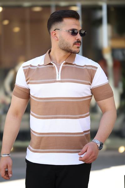 Erkek Yakalı Fermuarlı çift Renk Kısa Kollu T-shirt
