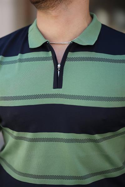 Erkek Yakalı Fermuarlı çift Renk Kısa Kollu T-shirt