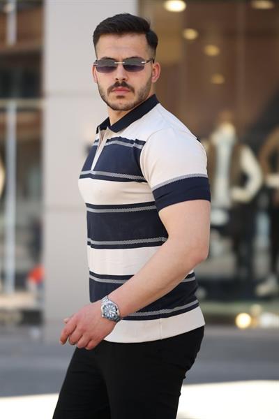 Erkek Yakalı Fermuarlı çift Renk Kısa Kollu T-shirt