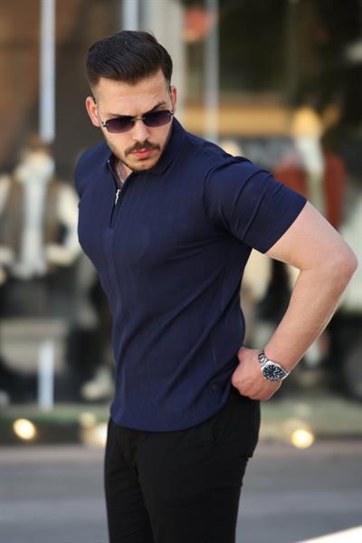 Erkek Yakası Fermuarlı Kısa Kollu T-shirt