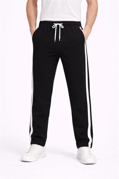 Erkek Yandan Şeritli Boru Paça Eşofman Altı 3 Iplik Pamuklu Eşofman - Siyah