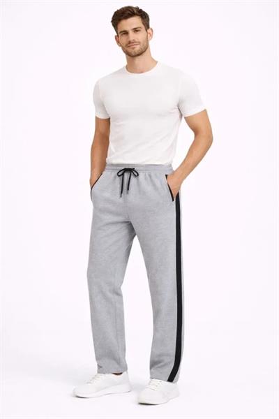 Erkek Yandan Şeritli Boru Paça Eşofman Altı 3 Iplik Pamuklu Eşofman - Gri