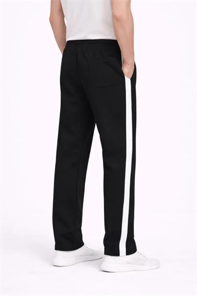 Erkek Yandan Şeritli Boru Paça Eşofman Altı 3 Iplik Pamuklu Eşofman - Siyah