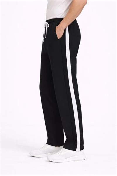 Erkek Yandan Şeritli Boru Paça Eşofman Altı 3 Iplik Pamuklu Eşofman - Siyah