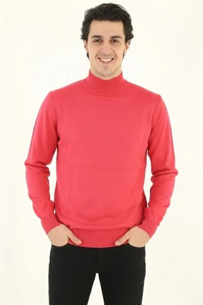 Erkek Yarım Boğaz Triko Kazak Yumuşak Dokulu Pamuklu Ince Dokuma, Uzun Kollu Rahat Regular Kalıp - Pembe