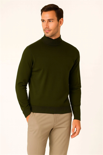 Erkek Yarım Boğaz Triko Kazak Yumuşak Dokulu Pamuklu Ince Dokuma, Uzun Kollu Rahat Regular Kalıp - Haki