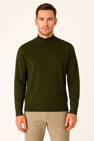 Erkek Yarım Boğaz Triko Kazak Yumuşak Dokulu Pamuklu Ince Dokuma, Uzun Kollu Rahat Regular Kalıp - Haki