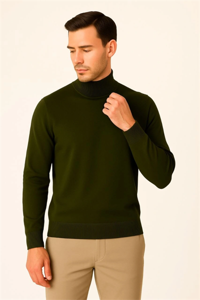 Erkek Yarım Boğaz Triko Kazak Yumuşak Dokulu Pamuklu Ince Dokuma, Uzun Kollu Rahat Regular Kalıp - Haki