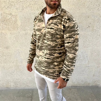 Erkek Yarım Fermuarlı Desenli Polar Sweat – Haki Kamuflaj Yakalı, Uzun Kollu, Oversize Rahat Kalıp - Haki