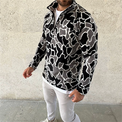 Erkek Yarım Fermuarlı Desenli Polar Sweat Yakalı, Uzun Kollu, Oversize Rahat Kalıp - Siyah