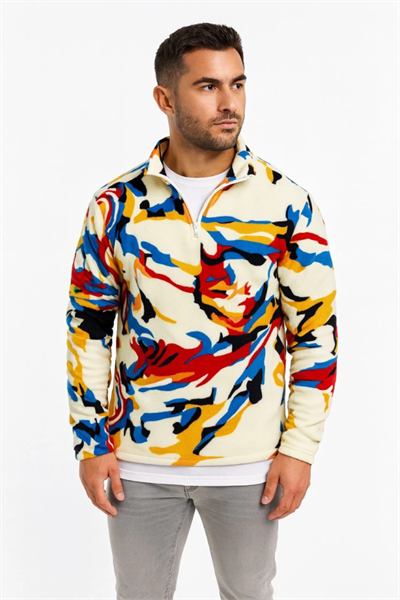 Erkek Yarım Fermuarlı Desenli Polar Sweat – Renkli Abstract Desen Yakalı, Uzun Kollu, Oversize Rahat Kalıp,- Beyaz