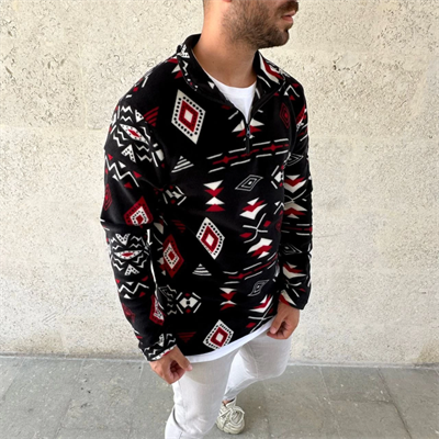 Erkek Yarım Fermuarlı Desenli Polar Sweat Tribal Etnik Desen Yakalı, Uzun Kollu, Oversize Rahat Kalıp, - Siyah