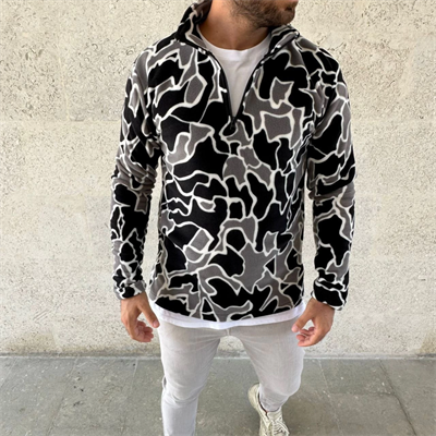Erkek Yarım Fermuarlı Desenli Polar Sweat Yakalı, Uzun Kollu, Oversize Rahat Kalıp - Siyah