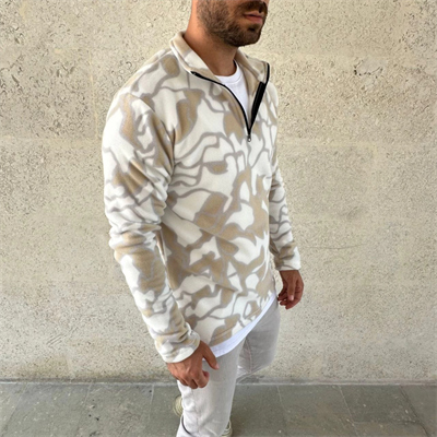 Erkek Yarım Fermuarlı Desenli Polar Sweat Yakalı, Uzun Kollu, Oversize Rahat Kalıp - Bej