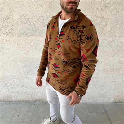 Erkek Yarım Fermuarlı Desenli Polar Sweat Tribal Etnik Desen Yakalı, Uzun Kollu, Oversize Rahat Kalıp, - Kahverengi