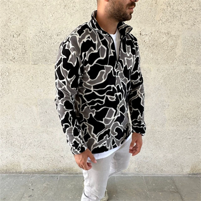 Erkek Yarım Fermuarlı Desenli Polar Sweat Yakalı, Uzun Kollu, Oversize Rahat Kalıp - Siyah