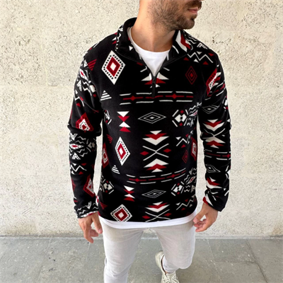 Erkek Yarım Fermuarlı Desenli Polar Sweat Tribal Etnik Desen Yakalı, Uzun Kollu, Oversize Rahat Kalıp, - Siyah