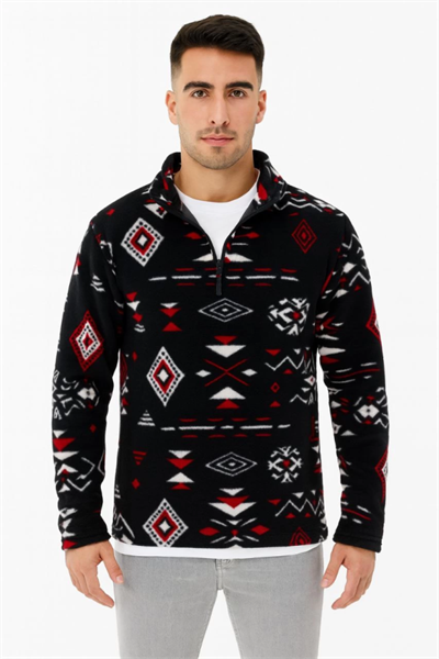 Erkek Yarım Fermuarlı Desenli Polar Sweat Tribal Etnik Desen Yakalı, Uzun Kollu, Oversize Rahat Kalıp, - Siyah