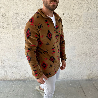 Erkek Yarım Fermuarlı Desenli Polar Sweat Tribal Etnik Desen Yakalı, Uzun Kollu, Oversize Rahat Kalıp, - Kahverengi