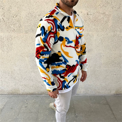 Erkek Yarım Fermuarlı Desenli Polar Sweat – Renkli Abstract Desen Yakalı, Uzun Kollu, Oversize Rahat Kalıp,- Beyaz