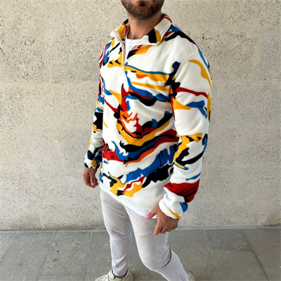 Erkek Yarım Fermuarlı Desenli Polar Sweat – Renkli Abstract Desen Yakalı, Uzun Kollu, Oversize Rahat Kalıp,- Beyaz