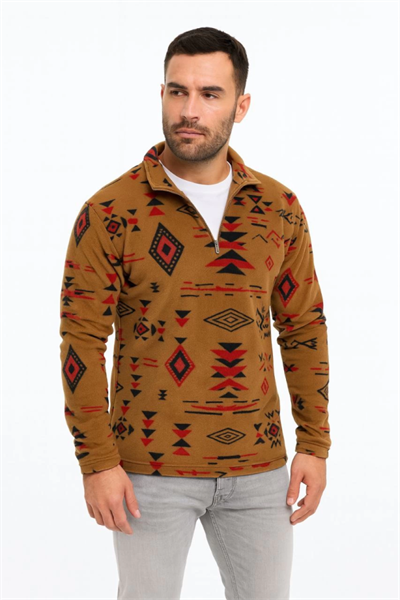 Erkek Yarım Fermuarlı Desenli Polar Sweat Tribal Etnik Desen Yakalı, Uzun Kollu, Oversize Rahat Kalıp, - Kahverengi
