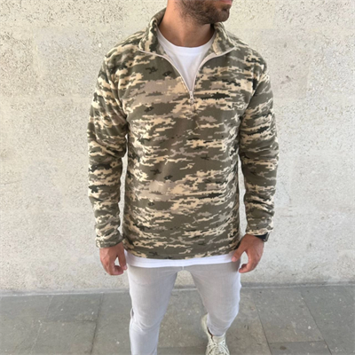 Erkek Yarım Fermuarlı Desenli Polar Sweat – Haki Kamuflaj Yakalı, Uzun Kollu, Oversize Rahat Kalıp - Haki