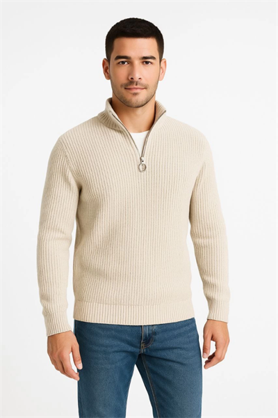 Erkek Yarım Fermuarlı Triko Kazak – Selanik Örgü, Dik Yaka, Pamuklu Dokuma, Regular Fit Uzun Kollu Kışlık Model - Bej
