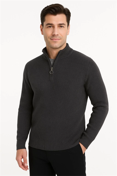 Erkek Yarım Fermuarlı Triko Kazak – Selanik Örgü, Dik Yaka, Pamuklu Dokuma, Regular Fit Uzun Kollu Kışlık Model - Füme