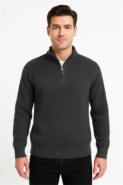 Erkek Yarım Fermuarlı Triko Kazak – Selanik Örgü, Dik Yaka, Pamuklu Dokuma, Regular Fit Uzun Kollu Kışlık Model - Füme