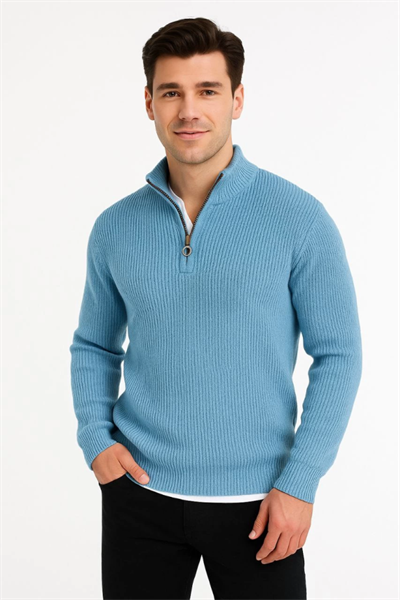 Erkek Yarım Fermuarlı Triko Kazak – Selanik Örgü, Dik Yaka, Pamuklu Dokuma, Regular Fit Uzun Kollu Kışlık Model - Bebe Mavisi