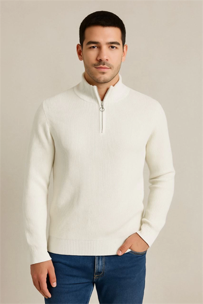 Erkek Yarım Fermuarlı Triko Kazak – Selanik Örgü, Dik Yaka, Pamuklu Dokuma, Regular Fit Uzun Kollu Kışlık Model - Beyaz